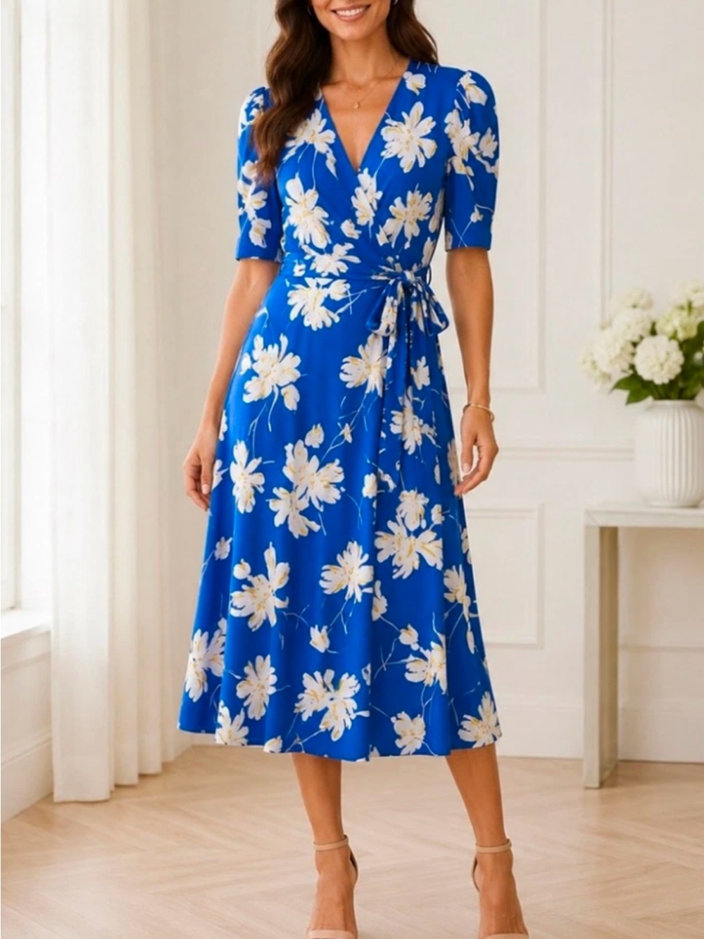 Tommy Hilfiger Cobalt Blue Floral Wrap Midi Dress